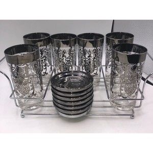 Vintage MCM kimiko Set six highball glasses Six coasters barware knights